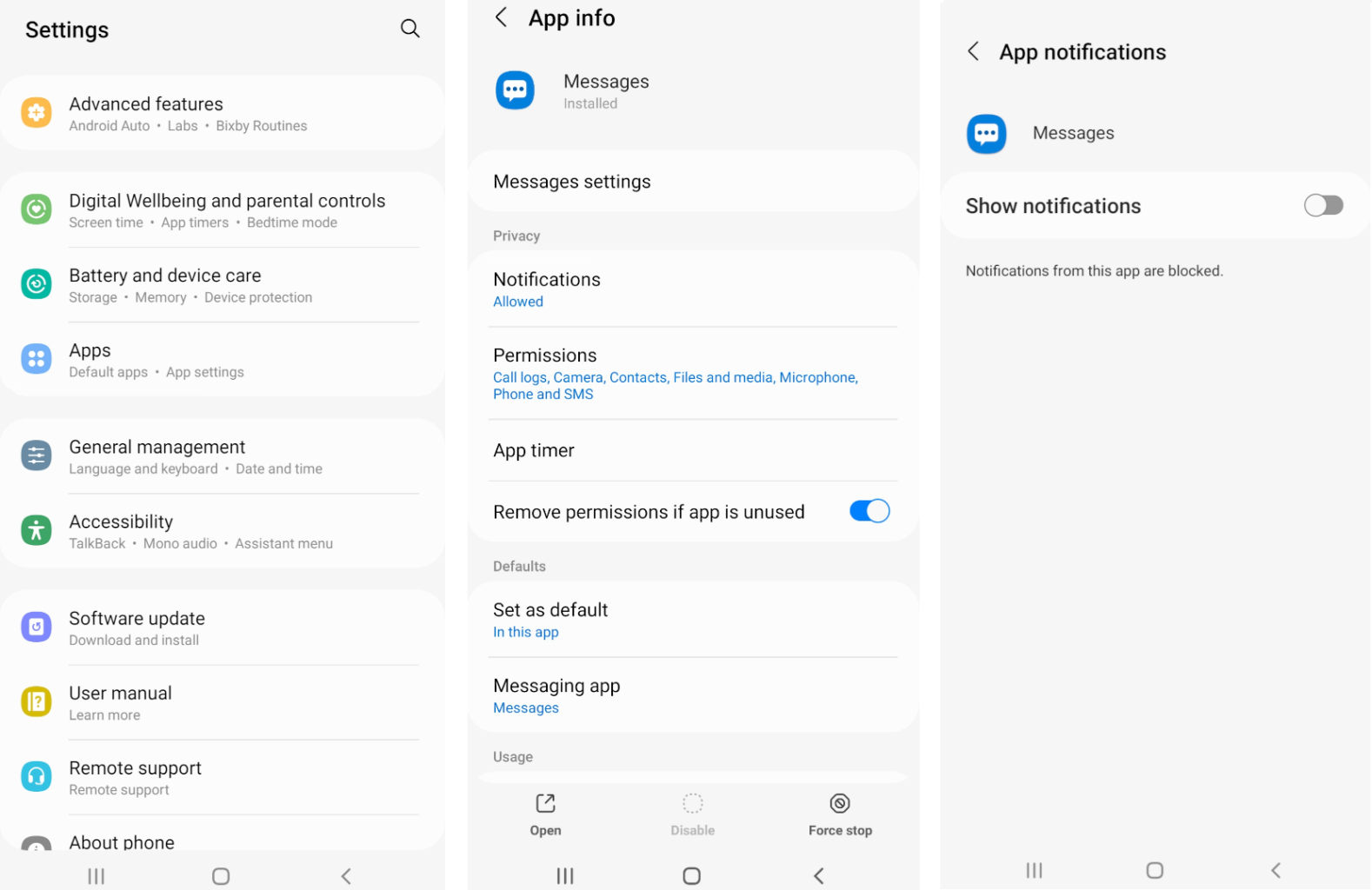 App notifications settings on Android